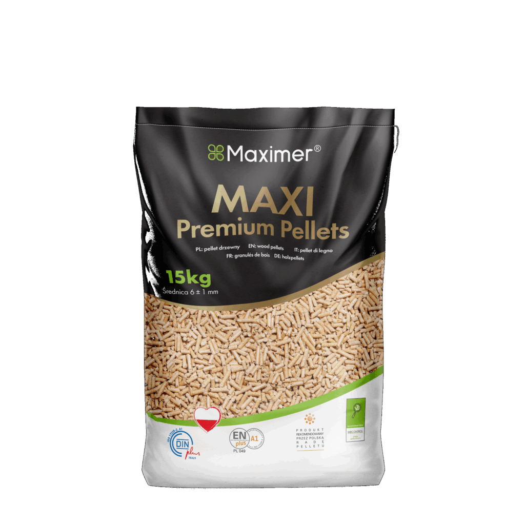 Zapas wysokokalorycznego pelletu drzewnego Maximer na palecie
